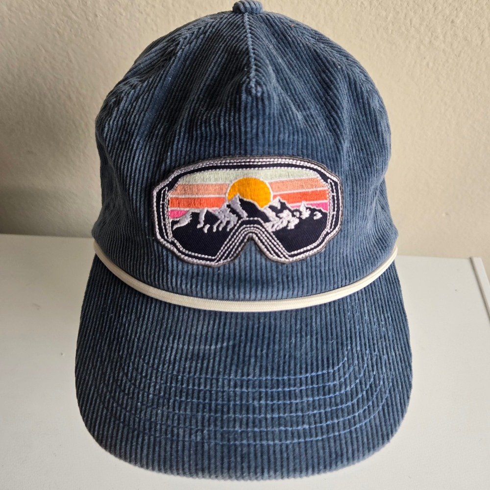 Snag Collective Blue Corduroy Rope Hat Mountain Sunset Goggle Patch Mens Cap